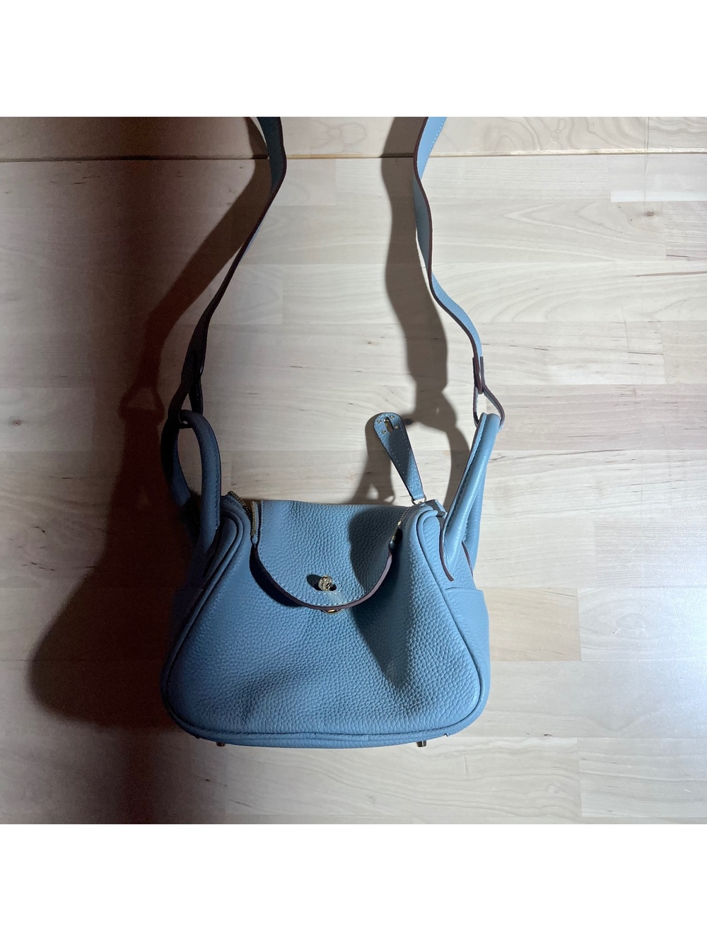 Light Blue Pebbled Leather "Lindy" Style Handbag with Crossbody Strap
